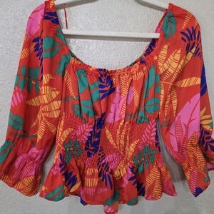 Skies Are Blue Vibrant Floral Women's Crop Top With Smocking And Ruffle Sleeves